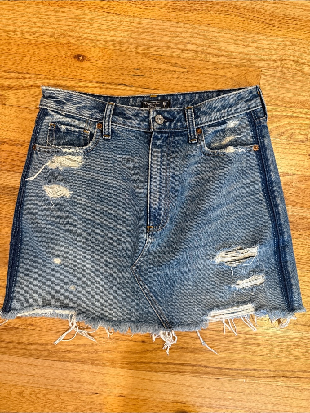 Abercrombie & Fitch Distressed Blue Denim Mini Skirt with Frayed Hem - Picture 1 of 4